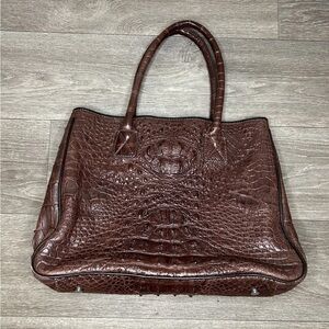 Vintage Crocodile Skin Leather Tote Bag Brown Hornback Silver Feet Quite Luxury